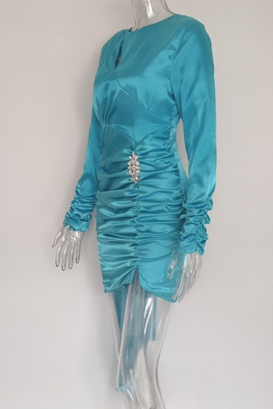 Unique Rhinestone Epaulet Ribbon Embellished Long Sleeve Cutout Plain Turquoise Satin Mini Ruched Dress for Party