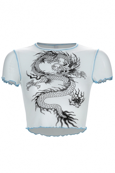 Unique White Short Sleeve Crew Neck Dragon Pattern Stringy Selvedge Contrast Pipe Sheer Fitted Crop T Shirt for Women