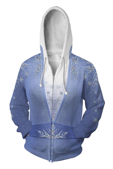 Unisex Fashionable Snowflake 3D Printed Long Sleeve Zip Placket Blue Cosplay Hoodie