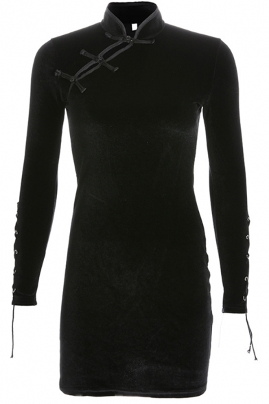 Vintage Chinese Style Black Stand Collar Lace Up Long Sleeve Mini Satin Dress with Frog Clasps
