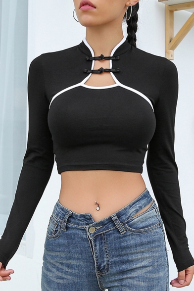 Vintage Women's Long Sleeve Band Collar Frog Button Cut Out Contrast Pipe Plain Slim Fit Crop T-Shirt