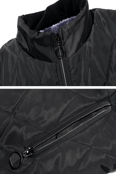 Winter Stylish Plain Black Long Sleeve Stand Collar Zip Closure Quilted Down Jacket Coat