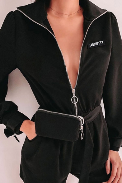 Women's Black Casual Long Sleeve Deep V-Neck Zipper Letter I AM HOTTY Buckle Belt Relaxed Straight Shorts Rompers with Bag