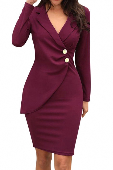 Women's Elegant Plain Long Sleeve Notch Lapel Button Detail Zipper Back Short Bodycon Wrap Work Blazer Dress