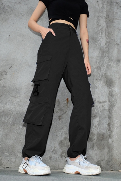 Women's Plain Street Mid Rise Utility Buckled Cuffed Full Length Oversize Cargo Trousers