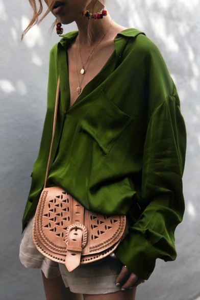 Womens Casual Plain Green Long Sleeve Single Breasted Loose Satin Shirt Blouse