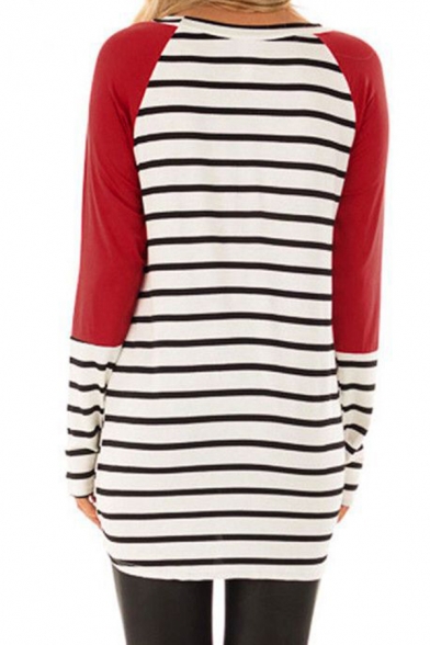 Womens Casual Stripe Color Block Chest Pocket Long Sleeves Round Neck Tunic T-Shirt