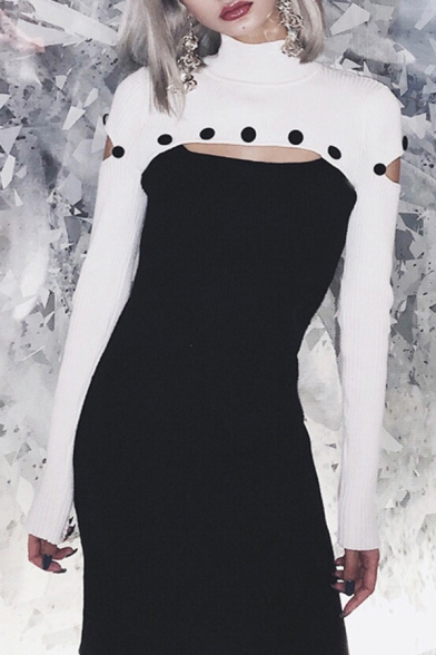 Womens Chic Black and White Cutout Long Sleeve Ribbed Knit Midi Fitted Party Dress