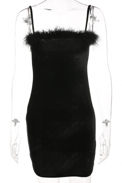 black dress with fluffy trim