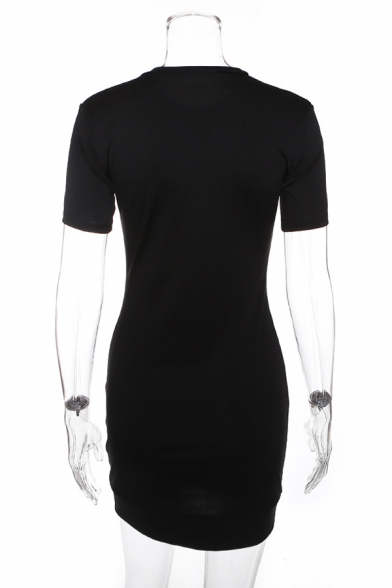 Womens Cool Fluorescent Stripe Splicing Round Neck Short Sleeve Black Mini Fitted T-Shirt Dress