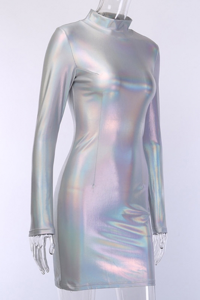 Womens Cool Shiny Metallic High Collar Long Sleeve Clubwear Mini Bodycon Dress