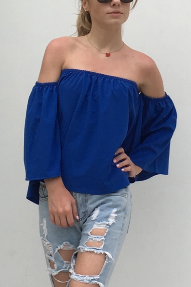 Womens Fashionable Solid Color Off the Shoulder 3/4 Length Sleeve Sexy Blouse Top