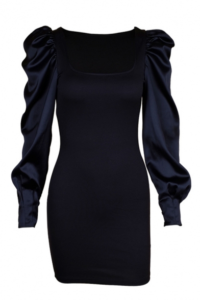Womens New Casual Square Neck Puff Long Sleeve Slim Fit Black Mini Party Dress