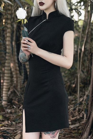 Womens Popular Stand Collar Oblique Zip Short Sleeve Split Hem Mini Black Cheongsam Dress
