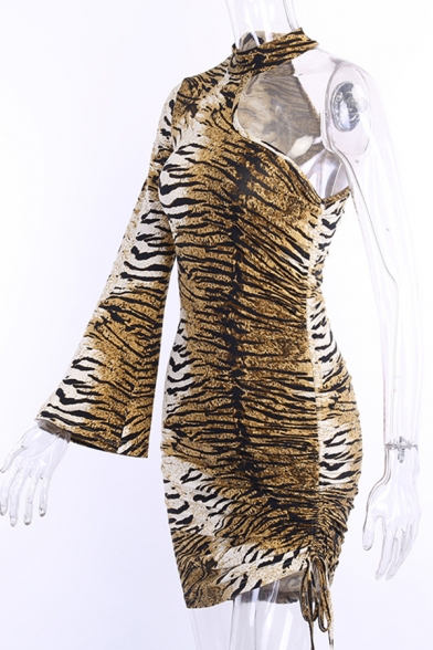 Womens Popular Tiger Print One Shoulder Single Sleeve Drawstring Hem Yellow Mini Party Dress