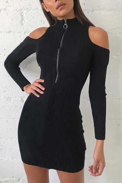 Womens Sexy Cold Shoulder Long Sleeve Mock Neck Zip Placket Black Mini Knitted Party Dress