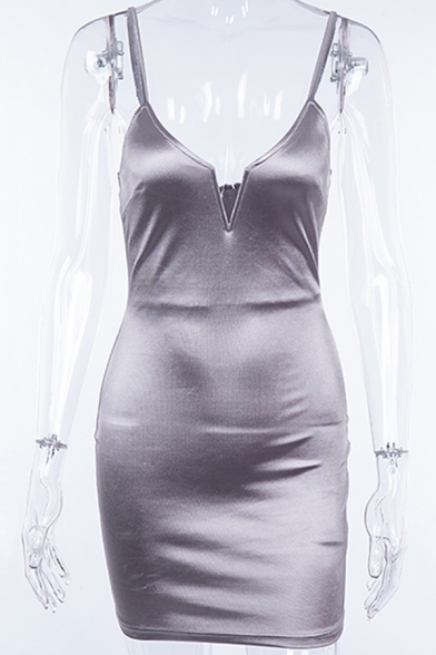 Womens Sexy Deep V-Neck Spaghetti Strap Plain Metallic Mini Evening Dress