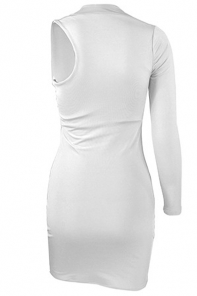 Womens Sexy Plain Cut Out Single Sleeve One Shoulder Mini Designer Club Dress