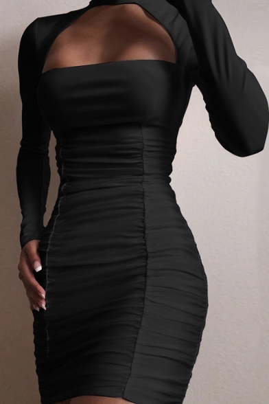 Womens Sexy Plain Cutout Front Mock Neck Long Sleeve  Mini Bodycon Dress for Club