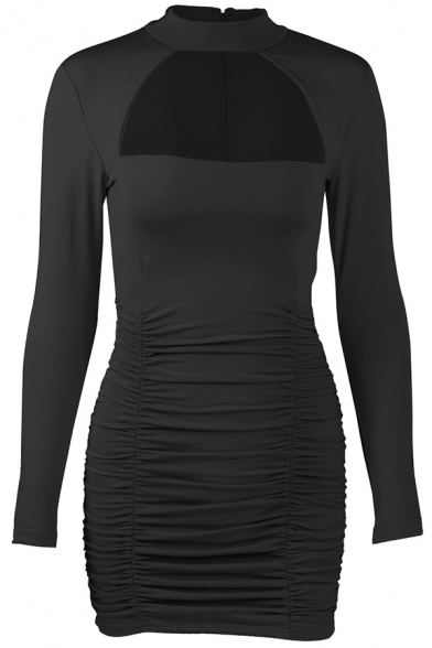 Womens Sexy Plain Cutout Front Mock Neck Long Sleeve  Mini Bodycon Dress for Club