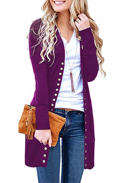 Womens Simple Whole Colored Long Sleeve Button Down Tunic Cardigan Coat