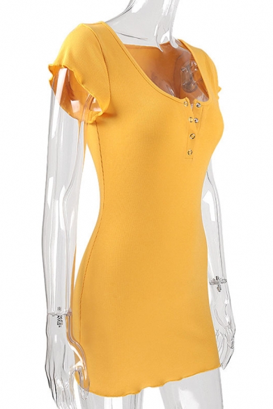 Womens Summer Casual Plain Cap-Sleeve Button Placket Mini Bodycon Dress
