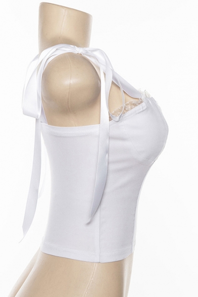 Womens Unique Plain White Tied Ribbon Straps Stringy Selvedge Trim Fitted Sweetheart Tank