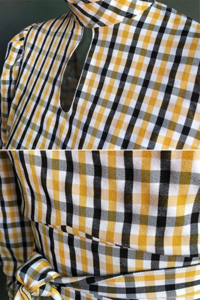 Yellow Checked Pattern High Collar Puff-Sleeve Keyhole Front Backless Tied Hem Slim Fitted Short Top