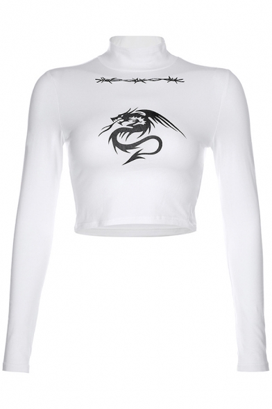 Basic White Long Sleeve High Neck Wire Dragon Patterned Slim Fit Crop T Shirt for Women
