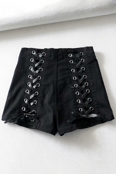 Black Dark Cool High Rise Lace Up Back Skinny Shorts for Fashion Girls