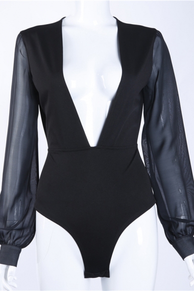 Black Sexy Women's Blouson Sleeve Deep V-Neck Sheer Mesh Slim Fit Bodysuit for Club