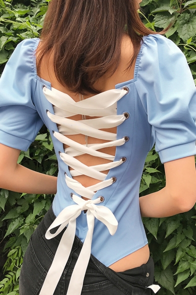 Blue Cute Girls' Puff Sleeve Square Neck Lace Up Back Stringy Selvedge Slim Fit Bodysuit