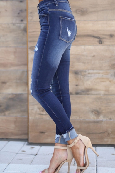 Casual Dark Blue Mid Rise Button Down Distressed Bleach Rolled Cuffs Skinny Ankle Jeans for Female