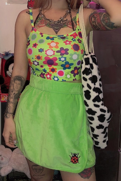 Casual Green Elastic Waist Ladybug Printed Velvet Fit Short Wrap Skirt for Club Girls