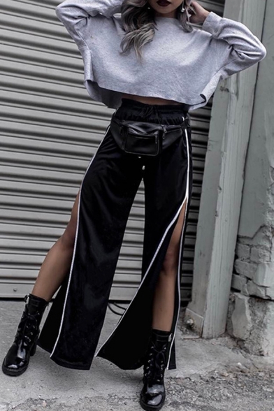 Casual Punk Girls' Elastic Waist Contrast Piped High Cut Side Long Baggy  Wide Pants in Black - Beautifulhalo.com