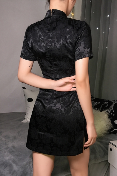 Chinese Style Floral Print Frog Button Stand Collar Hollow Out Short Sleeve Split Side Black Mini Cheongsam Dress