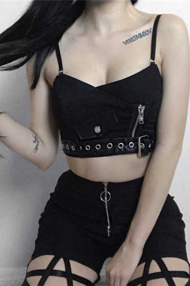 Cool Gothic Girls' Sleeveless V-Neck Zip Pocket Eyelet Buckle Embellished Slim Black Crop Cami Top