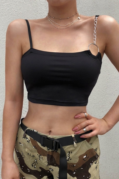 Cool Women's Sleeveless Chain O-Ring Detailed Cotton Black Slim Fitted Crop Cami Top for Party