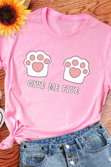 Cute Letter GIVE ME FIVE Cat Claws Print Rolled Short Sleeve Oversized T-Shirt