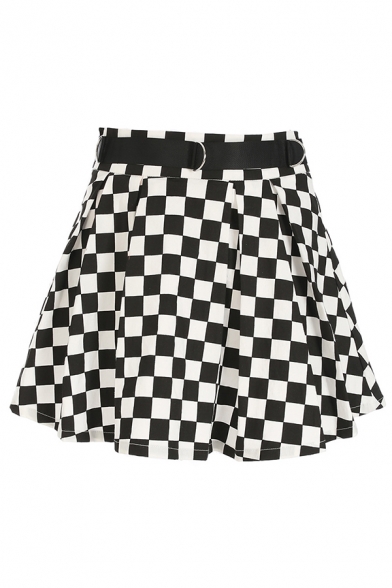 Cute Street Women's High Waisted Buckle Belted Checkered Print Flared Pleated Short A-Line Skirt in Black