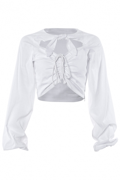 Edgy Girls' Blouson Sleeve Crew Neck Tied Cut Out Drawstring Slim Fit Crop T Shirt in White
