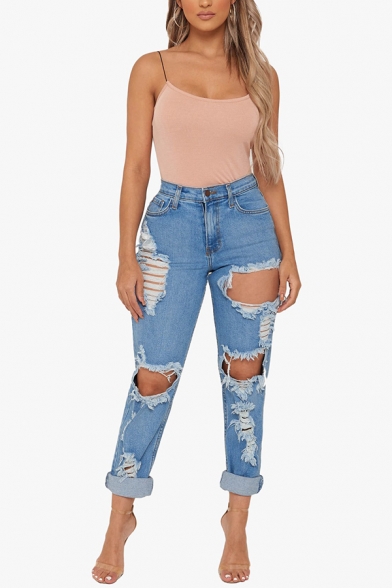 Edgy Girls' High Waist Distressed Rolled Cuffs Ankle Length Slim Fit Carrot Jeans in Light Blue