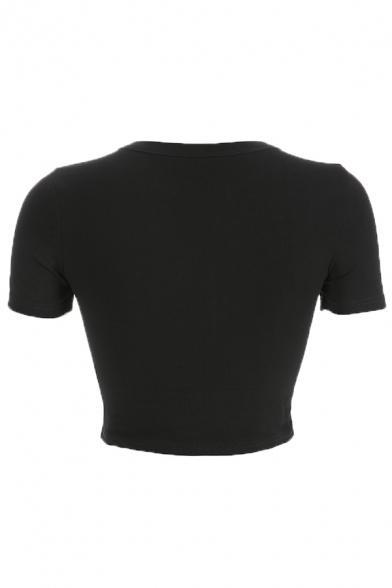 Edgy Girls' Short Sleeve Crew Neck Body Shape Patterned Slim Fit Black Crop T Shirt
