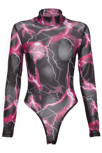 Edgy Looks Long Sleeve Mock Neck Ruffled Lightning Pattern Slim Black Mesh Bodysuit for Girls