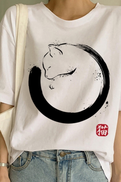 Fancy Animal Letter Cartoon Printed Short Sleeve Crew Neck White Graphic T-Shirt