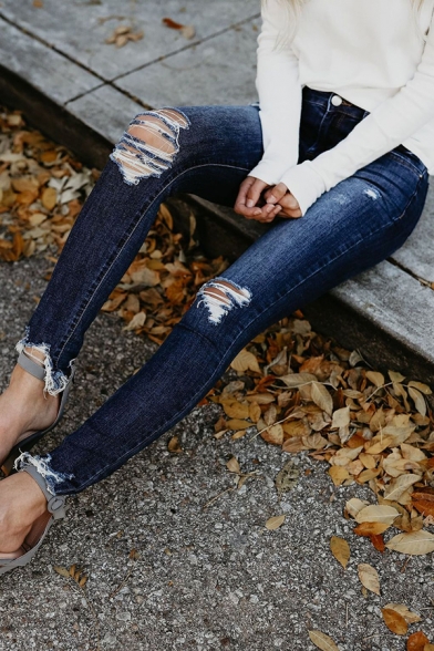 Fancy Fashion Ladies' Mid Rise Distressed Frayed Cuffs Long Skinny Jeans in Dark Blue