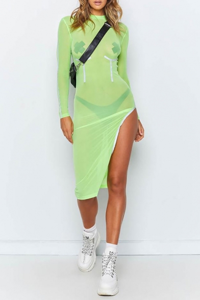 Fancy Reflective Stripes Printed Long Sleeve Side Split Fluorescent Green Midi Gauze Party Dress