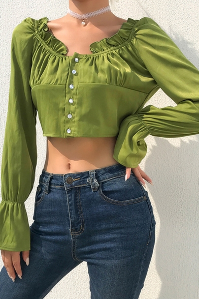 Fancy Trendy Female Bell Sleeve Round Neck Button Down Ruffled Trim Fitted Crop Blouse in Green