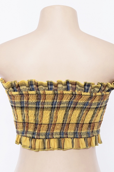 Fashion Women's Sleeveless Strapless Lace-Up Plaid Pleated Cute Crop Tube Top