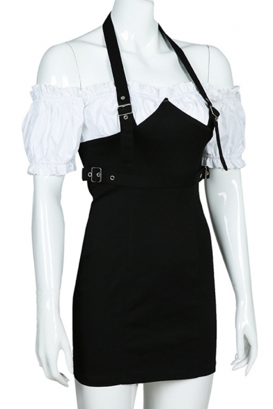 Fashionable PU Buckle Halter Panel Color Block Stringy Selvedge Short Sleeve Black Fitted Mini Party Dress